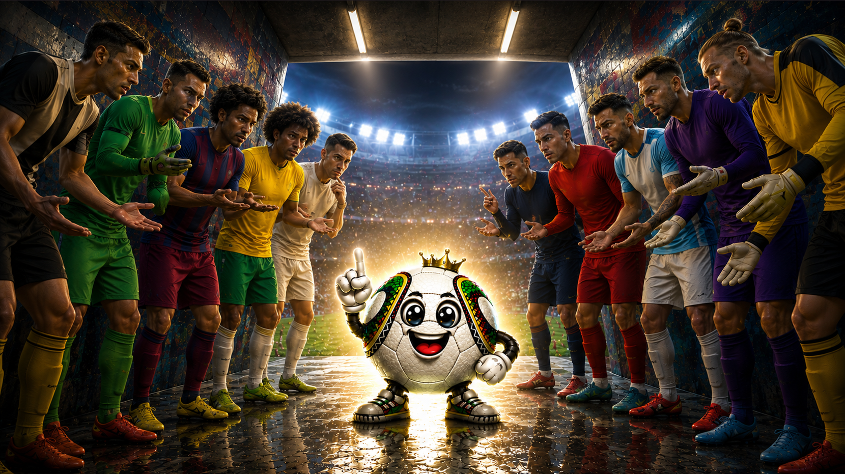 Players facing the glowing ball mascot in a tunnel