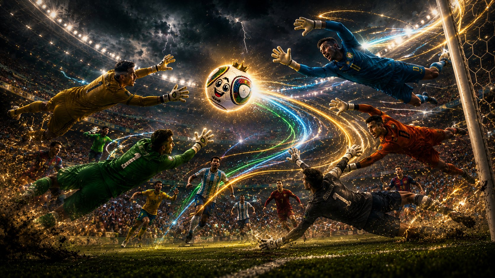 The ball mid-flight surrounded by motion trails