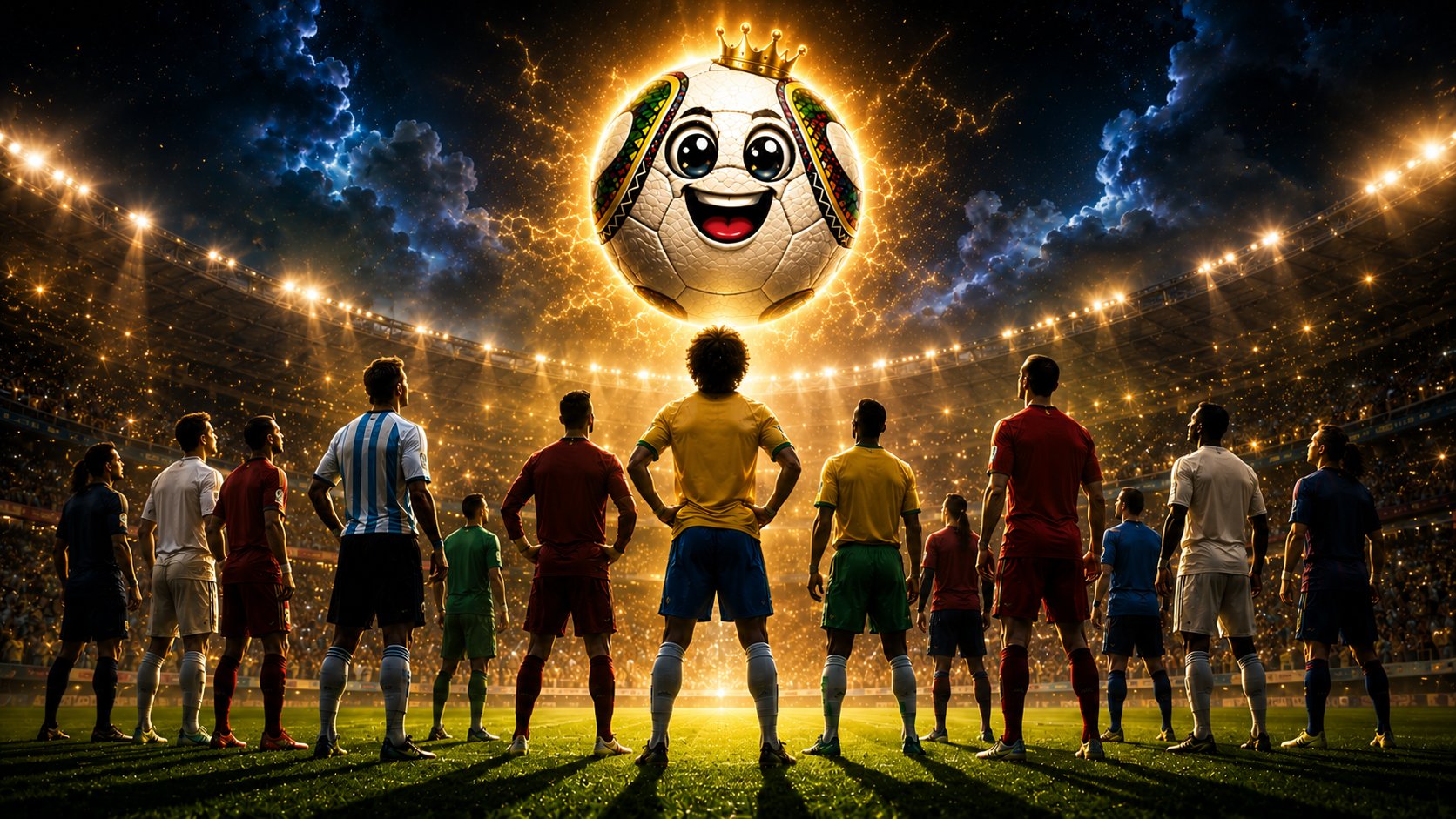 Players lined up facing the glowing ball